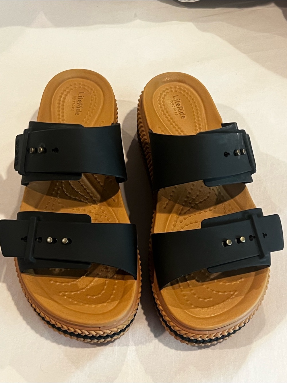 CROCS Black Double-Strap Sandals with Tan Footbed